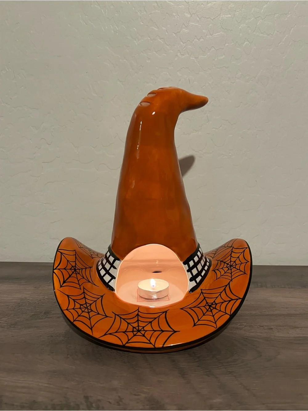 Blue Sky October 31 Orange Spider Web Witch Hat Ceramic Halloween Candle Holder
